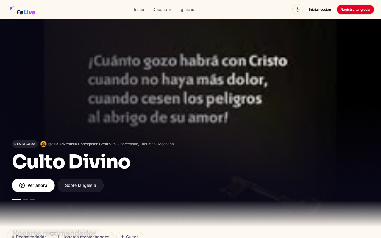Página principal de FeLive con transmisiones destacadas de iglesias